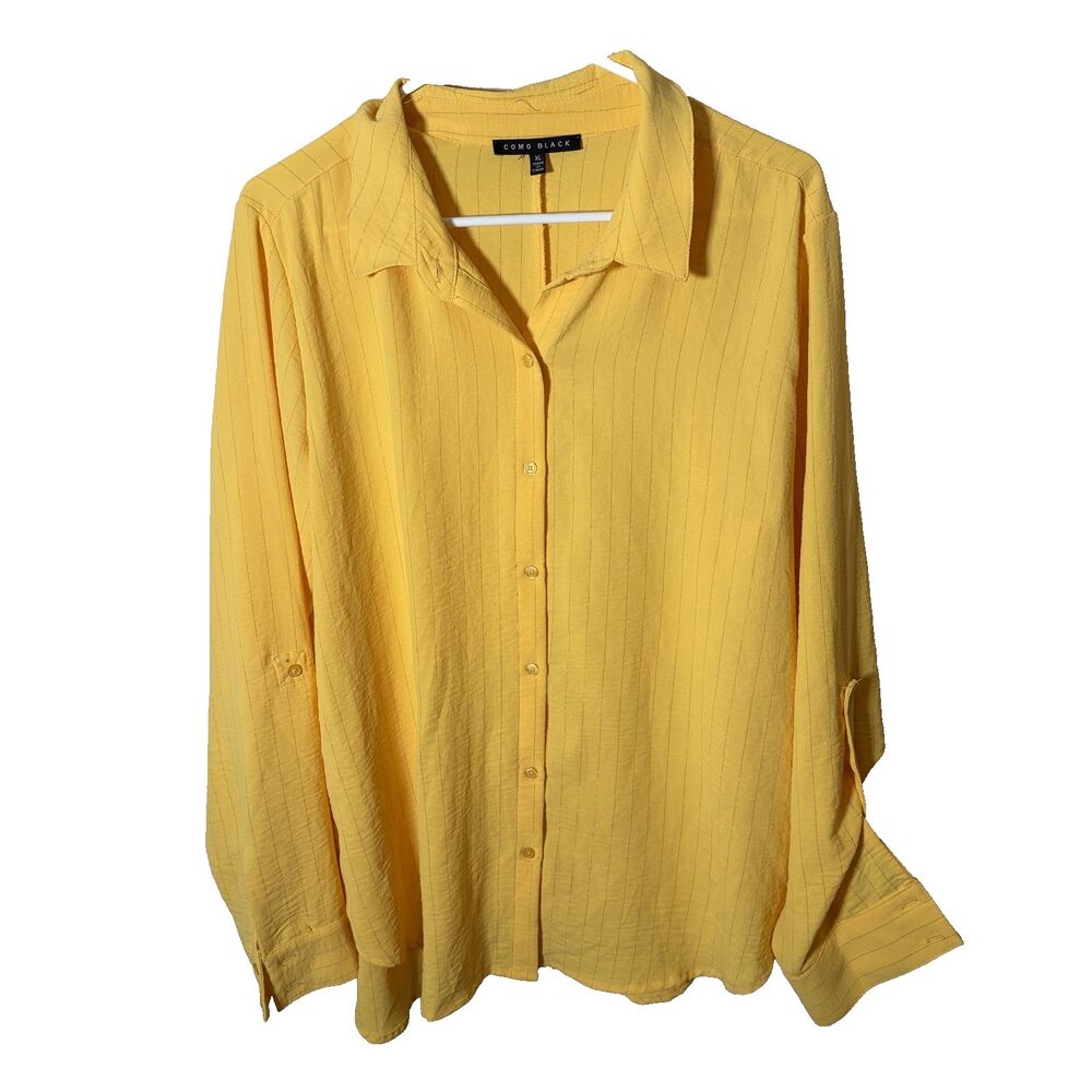 Como Black Shirt Women's XL Yellow Striped Button Up Collared Long Sleeve Top